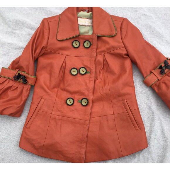 Vtg Lux Imported Turkey Bennys Orange Leather Coat Silk Lined Designer Girls 5 6 - Picture 4 of 16
